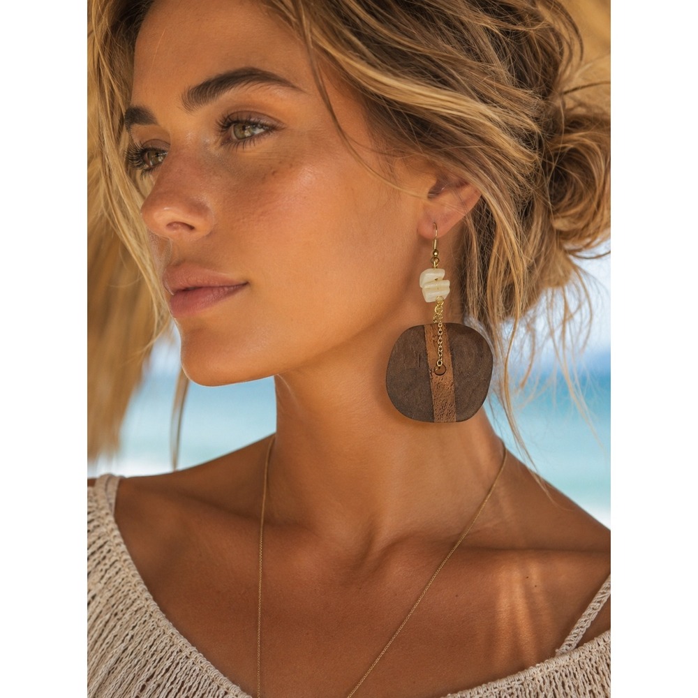 Mother of Pearl Dangle Earrings Gold Tone Boho Statement Jewelry